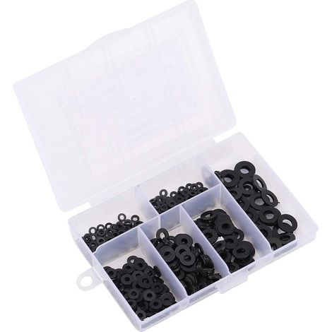 Kit assortimento di 500 rondelle piatte in nylon M2-M6 con scatola (nero).