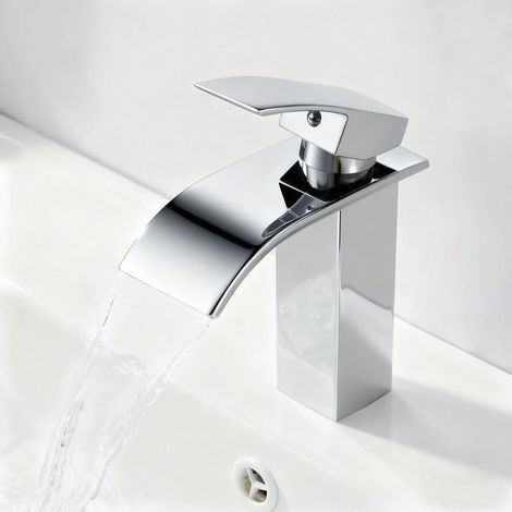 Mitigeur Lavabo Cascade avec Bec Hauteur 10cm, Robinet Lavabo Salle de Bain Moderne, Mitigeur Monocommande Lavabo Eau Chaude et Froide Disponible (sans Bonde, sans Tirette de Vidage) Chromé (1/5)