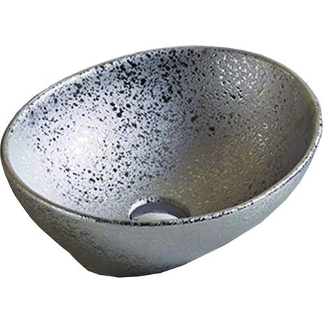 Vasque à poser ovale Silla, lavabo salle de bain en céramique 40,5x33x14 cm, design moderne, installation facile, Argent
