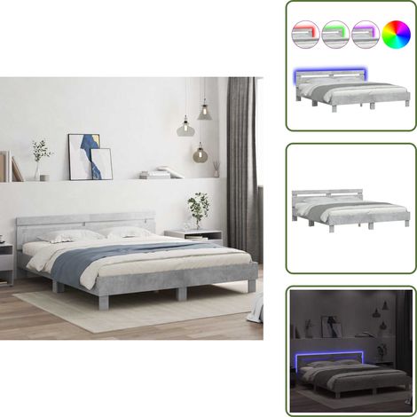 The Living Store Cadre de lit avec LED sans matelas gris béton 160x200 cm - Lit Double - Cadre De Lit - LED - Éclairage RGB - Support Lombaire