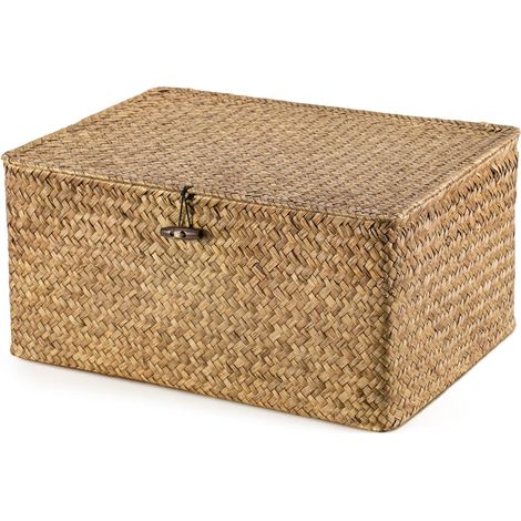 BLUE BAZAAR Storage Boxes with Lids 40x28x19cm Seagrass Storage Basket with Lid Woven Wicker Desktop Basket Gift Hamper Basket for Living Room Decorative Bathroom (Brown, 1PCS) (1/5)