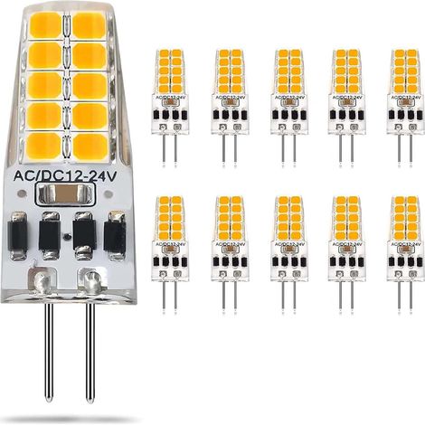 Packung mit 10 LED-Lampen, 3 W, 12-24 V, G6.35-Sockel, warmweiß 2900 K, für Unterbauleuchten oder Schreibtischlampen.