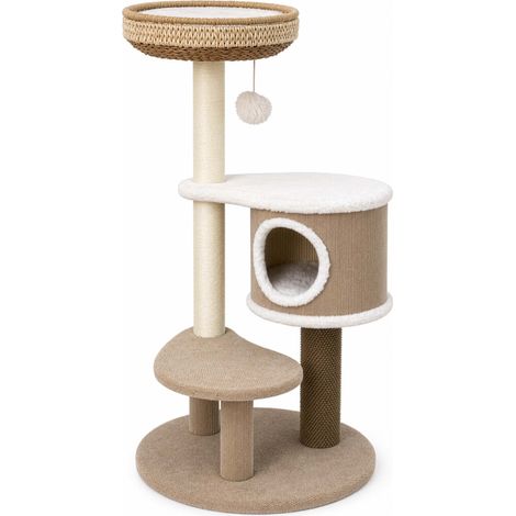Fudajo Forest Lodge 117 cm Kratzbaum beige, Katzenbaum mit Katzenhaus, Katzenbett, Massageelement und Papierseil-Kratzstämmen (1/5)
