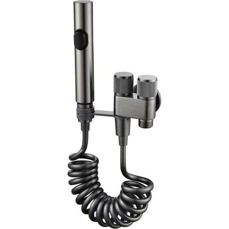Ensemble bidet WC gris anthracite, comprenant un pistolet douchette haute pression pour salle de bain avec robinet coudé à une entrée et deux sorties. (1/5)