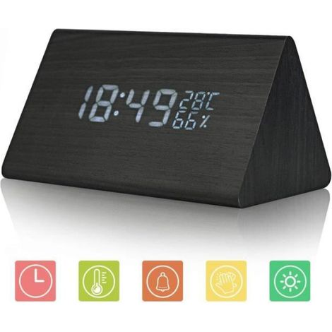 Réveil - Bois - Triangle LED - Alarme - Date et température - Contrôle tactile (1/4)