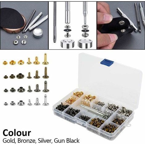 Set mit 350 Ledernieten, Doppelkappe, rohrförmige Metallnieten in 3 Größen mit Nietzange und 3 Befestigungswerkzeugen für Lederreparaturen, Ersatznieten und Dekorationen. (1/4)