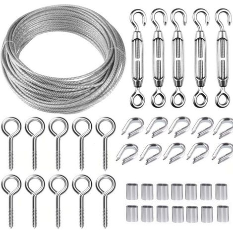 30M Corde en Acier Inoxydable à Suspendre Kit,Kit Cable Métallique,2mm Cable en Acier Inoxydable Revêtu,avec M5 Tendeur Cable et Crochets à Oeil,pour Plantes Grimpante,Rambarde,Corde a linge (1/4)