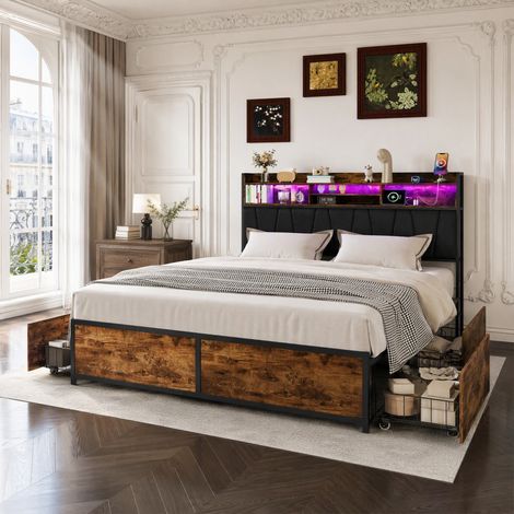 Cadre de lit avec tiroirs 180x200 cm, Lit double avec éclairage LED et ports USB, Lit Plate‑forme avec tête de lit rembourrée et sommier métal, Style industriel (1/5)
