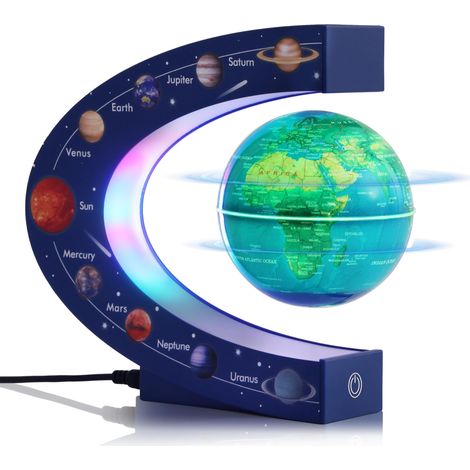 Globe Terrestre Magnétique en Lévitation Rotatif 3 Pouces avec Lampe Colorée, Cadeau Déco de Bureau pour Hommes, Patron ou Jouet Éducatif pour Enfants, Système Solaire 9 Planètes Astronomie (1/5)