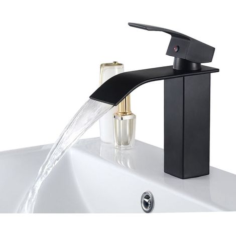 1 Robinet mitigeur cascade noir, bec ultra-fin, laiton massif, pour lavabo salle de bain (1/5)