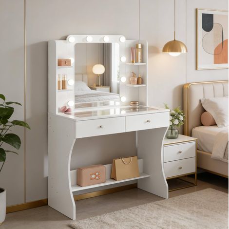 Mueble tocador con espejo LED y almacenaje blanco OKMYHOME (1/5)