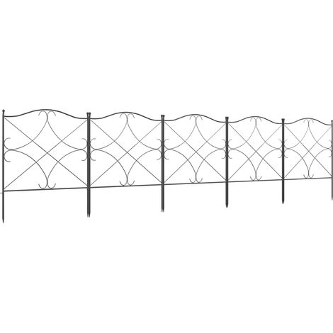 Set aus 5 dekorativen Metall-Gartenzäunen mit Ornamenten, 305 x 62 cm, schwarz