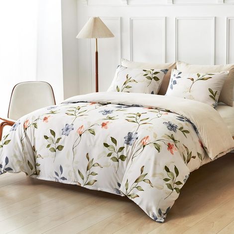 Housse de Couette 220x240 avec 2 Taies d'oreiller 65x65 cm - Motifs Floraux et Feuillages d'automne - 100% Microfibre Parure de lit 220x240 Adulte avec Fermetures éclair, Beige (1/5)