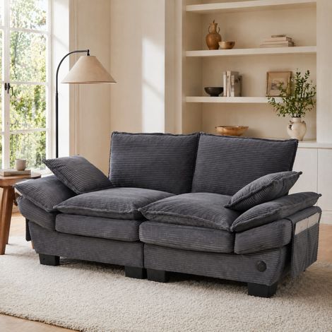 Canapé 2 places en corduroy, assise large ergonomique, USB-C, poches latérales, gris foncé, REDOM (1/5)