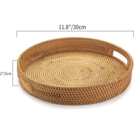 Plateau de Service Rond en Rotin, Plateau de Service en Osier avec Poignées Découpées, Panier de Service Tressé Fruits/Pain, 30 cm (1/3)