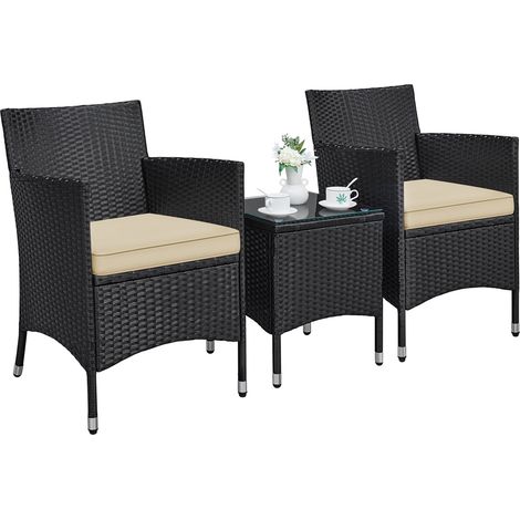 Homevive Conjunto de 2 Sillas Ratán con Cojines y 1 Mesa para Jardín Exterior de Ratán y Acero para 2 Personas Muebles de Jardin Terraza con Tablero de Vidrio de Seguridad Fácil Montaje y Limpieza
