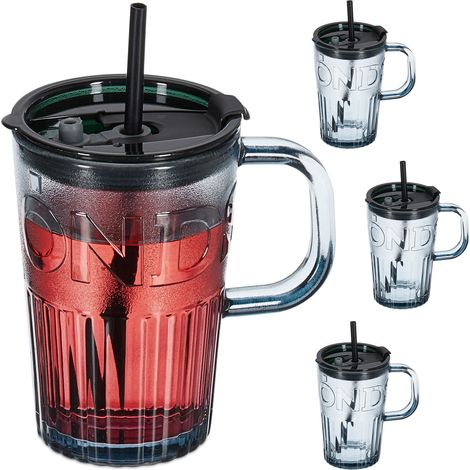 Relaxdays Set of 4 Glass Cups, Drinking Glasses with Lid & Straw & Handle, Vol. 450 ml, Grey, Transparent