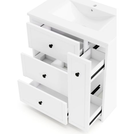 Meuble de salle de bain blanc avec lavabo céramique intégré et 4 tiroirs, 76 x 46 x 82 cm (1/5)