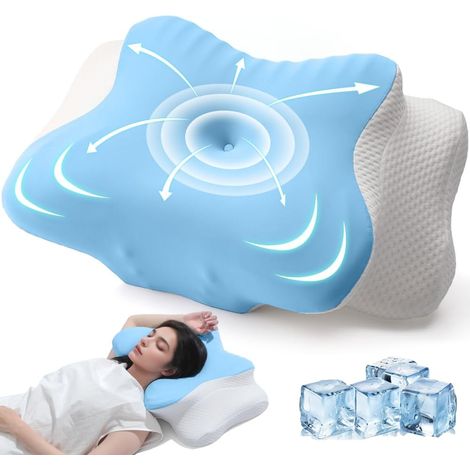Oreiller Ergonomique Cervical,Oreiller Mémoire Forme pour Soutien de la Nuquer,Coussin Orthopédique Soulagement des Douleurs,Respirant,Idéal pour Dormir sur Le Côté, Dos et Ventr, (Bleu) (1/5)
