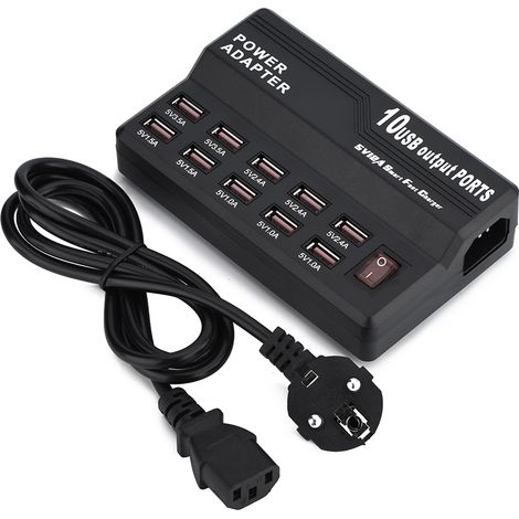 Chargeur USB rapide 60W 10 ports 100-240V 5V/12A adaptateur secteur voyage pour smartphone, chargeur de bureau multiprise EU (1/5)