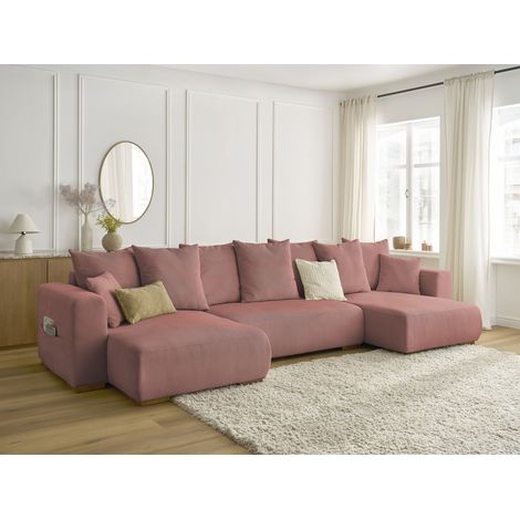 BOBOCHIC - Canapé panoramique convertible coffre SIDONIE velours côtelé Rose (1/5)