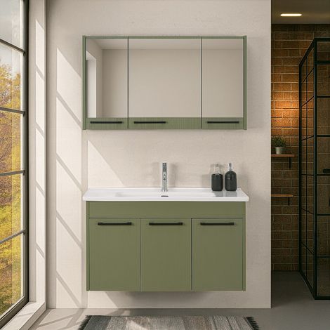 Mobile bagno sospeso 100 cm verde effetto legno con armadietto a specchio Sofia (1/5)