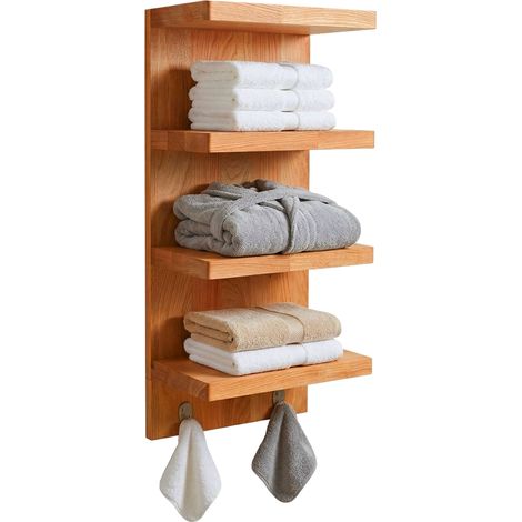 Bathroom Wall Shelf, Walnut & Steel, 4 Shelves, 2 Hooks (1/5)