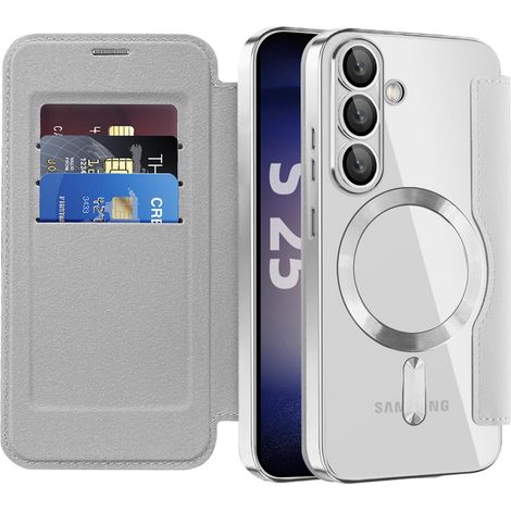 Case for Galaxy S25 FE Card Holder Grey RFID Blocking Case, Compatible with MagSafe, Transparent Magnetic Back Cover, Wallet Flip Case, PU Leather Case (1/5)