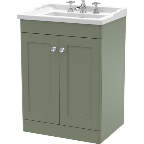 Nuie Classique Floor Standing 2-Door Vanity Unit with Traditional Basin 600mm Wide Satin Green - 3 Tap Hole (1/5)