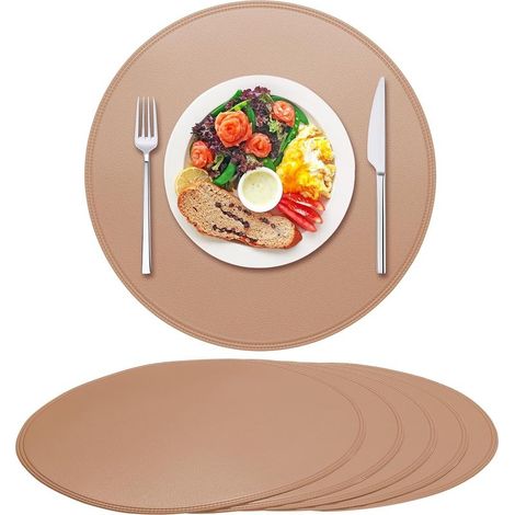 Sets de table en cuir uni - Rose pâle - Lot de 6 - Diamètre 38 cm, résistants à la chaleur, imperméables et antidérapants. (1/5)