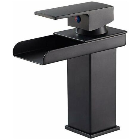 Robinet Salle Bain Cascade Noir Mat, Mitigeur Lavabo Robinet Lavabo en Laiton avec Eau Froide & Chaude Disponible, Valve en Céramique, Robinet Salle de Bain Design Cascade Concave, G 3/8 (1/5)