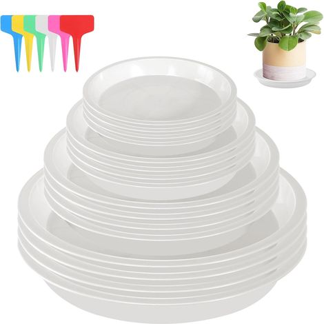 16-teiliges Blumentopf-Untersetzer-Set, Kunststoff-Blumentopf-Untersetzer mit 18 Etiketten, runde Blumentopf-Untersetzer für Zimmer- und Gartenpflanzen (Weiß)