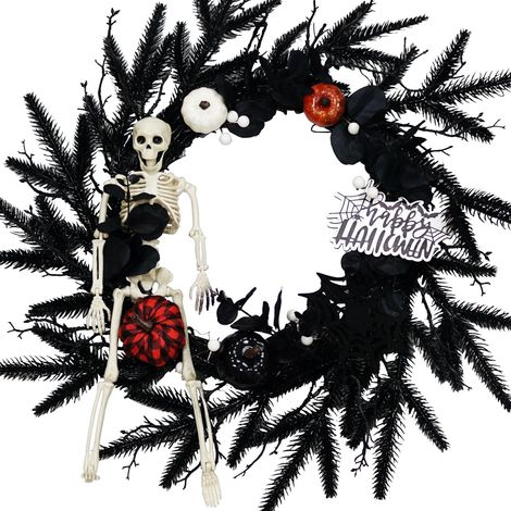 Couronne d'Halloween avec crâne noir et lumières LED pour porte d'entrée