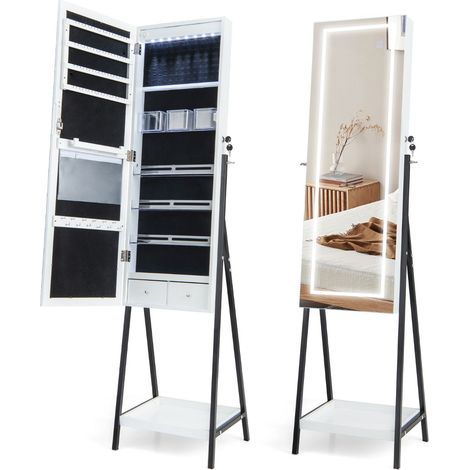 Armadio portagioie autoportante con specchio LED e specchio intero bloccabile, Armadio portagioie di grande capacità Bianco (1/4)