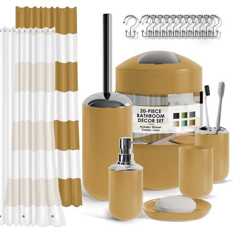 Ensemble d'accessoires de Salle de Bain avec Rideau de Douche, Distributeur de Savon, Porte-Savon, Porte-Brosse à Dents avec Tasse, Ensemble de Rideau de Douche avec Doublure et Crochets, Brosse et (1/5)