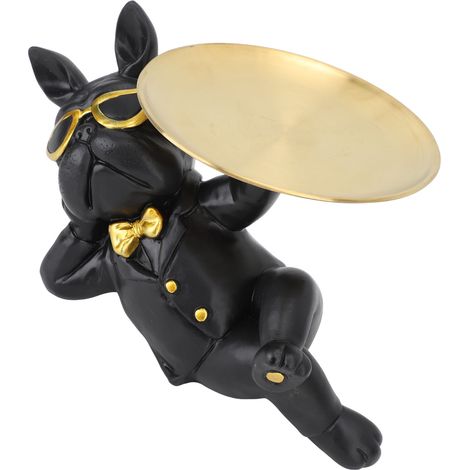 Plateau de rangement en résine synthétique représentant une statue de bouledogue. Décoration unique pour la maison, l'entrée, le magasin ou le bureau (noir).