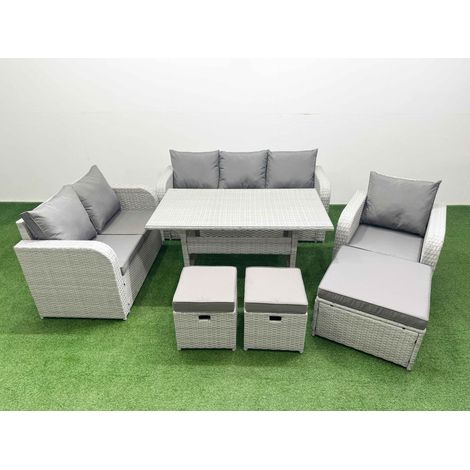 Fimous Patio PE Wicker 9 Seater Outdoor Rattan Furniture Sofa Sets with Rectangular Dining Table Reclining Chair Loveseat Sofa 3 Seater Sofa Stool Light Grey (1/4)