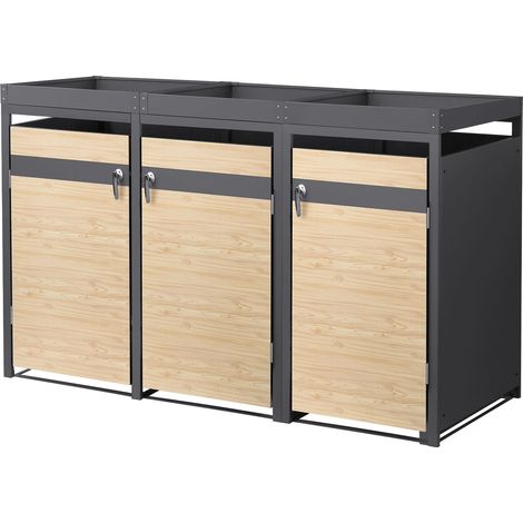 ML-Design Copribidone per Spazzatura per 3 Cestini con Tetto a Fioriera 240L 200x80x124 cm Antracite Aspetto Larice Acciaio Copribidone per Spazzatura Resistente alle Intemperie Copri Bidone 3 Porte