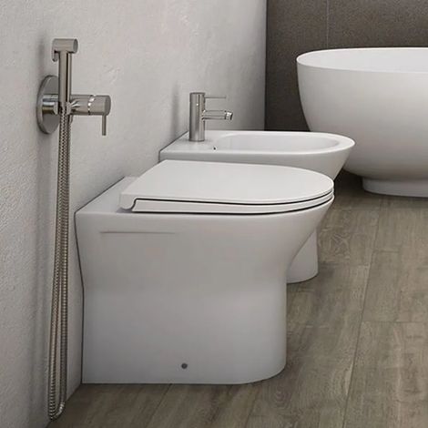 Set sanitari filomuro resort rimless in bianco lucido con copriwc flat soft close (1/5)