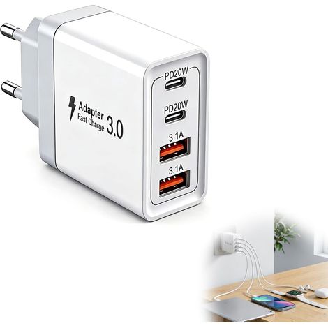 Chargeur USB C Rapide, 40W 4 Port Prise Type C Chargeur, Multiport Prise USB C, PD+QC 3.1A Type C Adaptateur Secteur, Compatible avec iPhone, iPad, XIAOMI