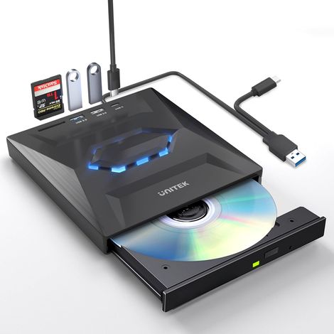 Lecteur CD DVD Externe pour Ordinateur Portable, Lecteur DVD USB C avec emplacements pour Carte SD, 3 Ports USB, graveur de CD, Lecteur de Disque Externe Optique (1/5)