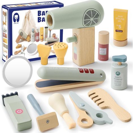 Set Coiffure Enfant en Bois avec Accessoires de Coiffure et de Rasage pour Garons 3-8 Ans (1/5)