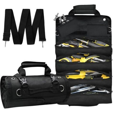 Roll-up tool bag, tool organizer with 2 removable bags, heavy-duty portable tool organizer, black (1/5)