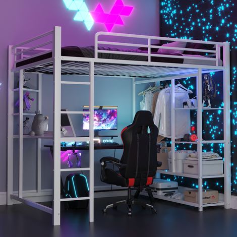 Lit mezzanine métal 140x200 cm blanc avec échelle, table, penderie et rangements