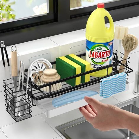 Support Éponge Évier Cuisine en Acier au Carbone - Rangement Pratique pour Baguettes et Accessoires (1/5)