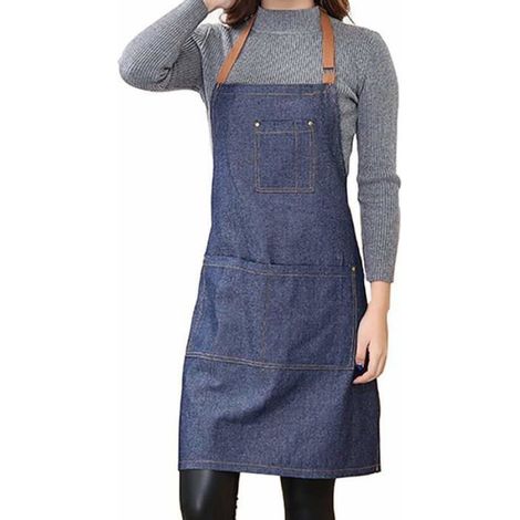 Tabliers en jean unisexes avec poche Tablier de cuisine en jean réglable avec 3 poches pour femmes et hommes Cuisine(Bleu) (1/3)