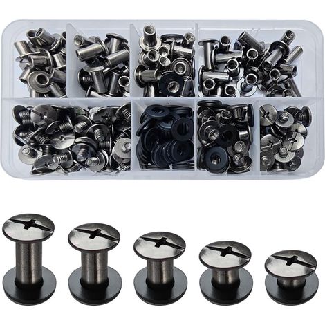 100 Set Vis Chicago Screws M54/6/8/10/15 mm kit de Rivets Pour Cuir Cruciforme Vis Métal Clou Rivet Bouton Chicago, Pour Livre en Cuir DIY Craft Ceinture Portefeuille Reliure Noir brillant (1/5)