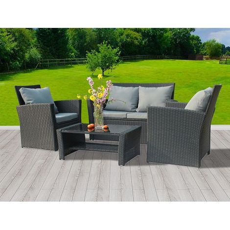 BIRCHTREE 4PCS Garden Rattan Furniture Set Armchair Sofa Glass Coffee Table Patio RFS02 Black