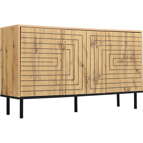 Aparador de MDF y aglomerado de 3 puertas con apertura push-open, 120x35x68 cm, madera natural (1/5)