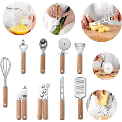 Ustensiles de cuisine, petit matériel à manche en bois, batteur à œufs en acier inoxydable, ensemble de pâtisserie divers, couteau à pizza et à fromage